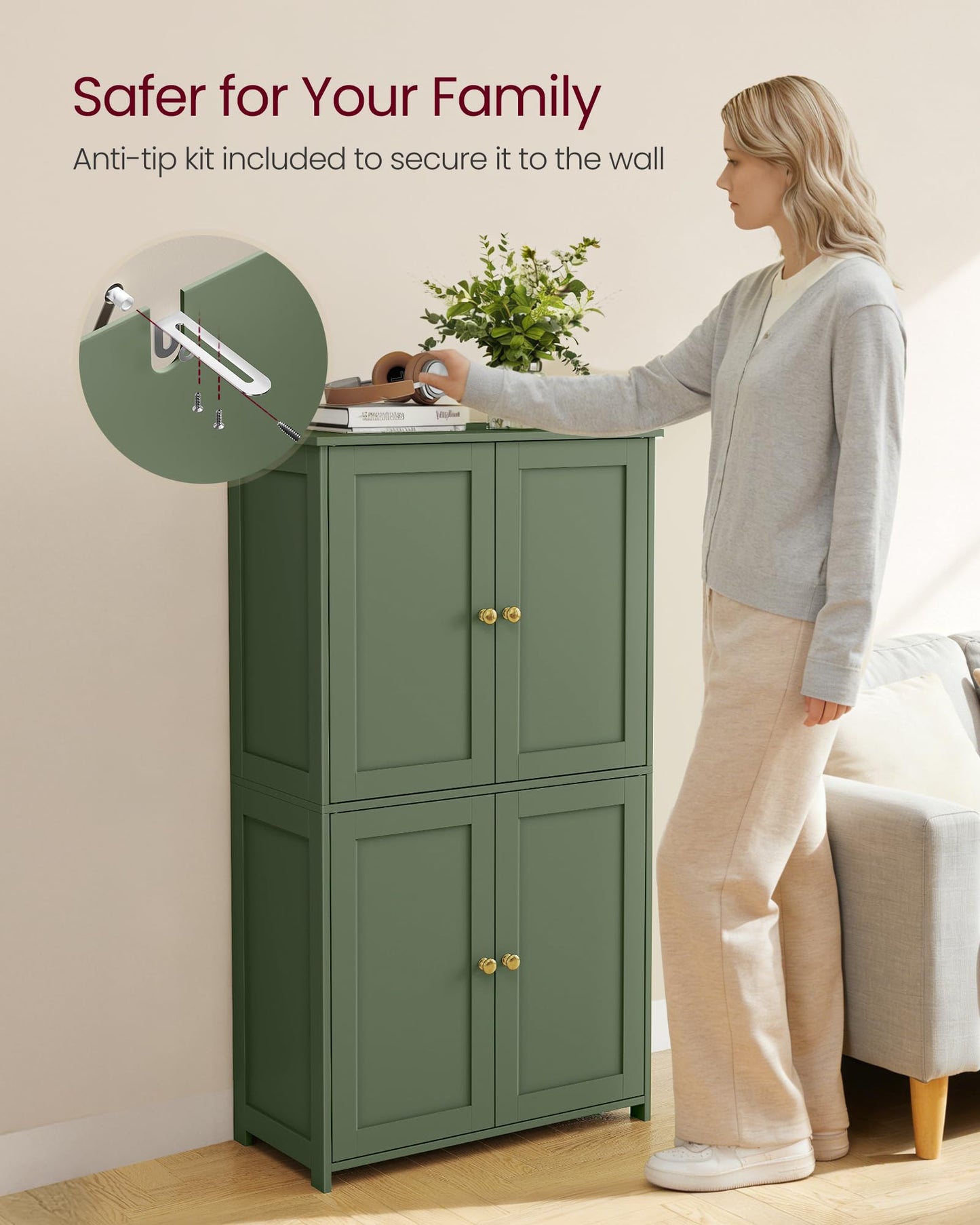 VASAGLE Floor Storage Cabinet, Shaker Cabinet with 2 Adjustable Shelves, 4 Doors, Tall Freestanding Organizer Unit, for Kitchen Bathroom Living Room, Forest Green UBBC553CH01S