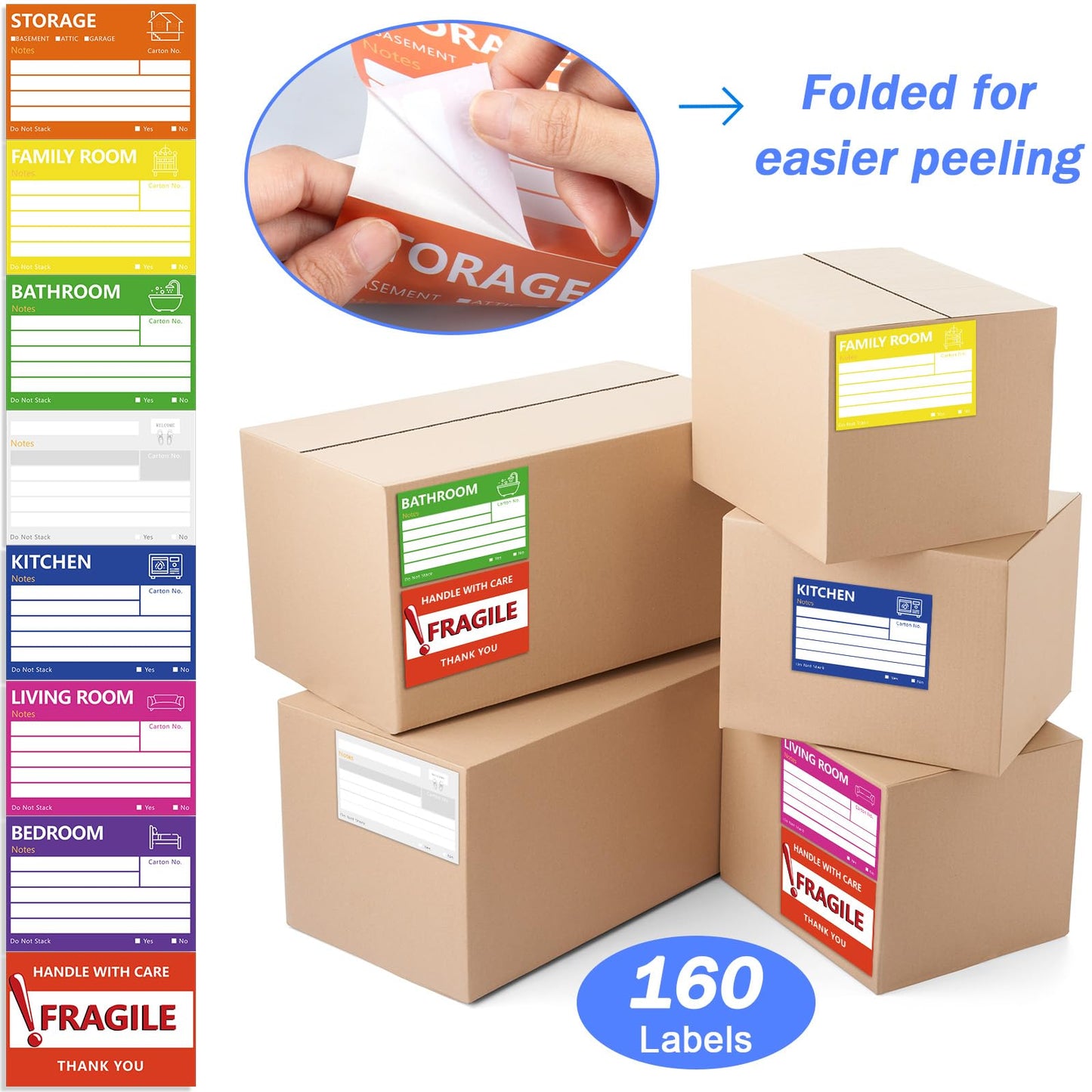 6 x 4 in Large Moving Labels for Boxes, Home Moving Packing Color Coded Stickers Supplies Labels with Writable Notes Areas, Fragile Blank Moving Boxes Stickers 160pcs