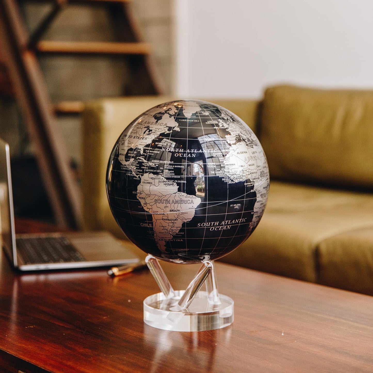 MOVA Globe - Jet Black and Silver Signature (6") | Solar-Powered Rotating Desk Globe with Minimalist Map Design | No Batteries or Cords | Modern Decor Gift