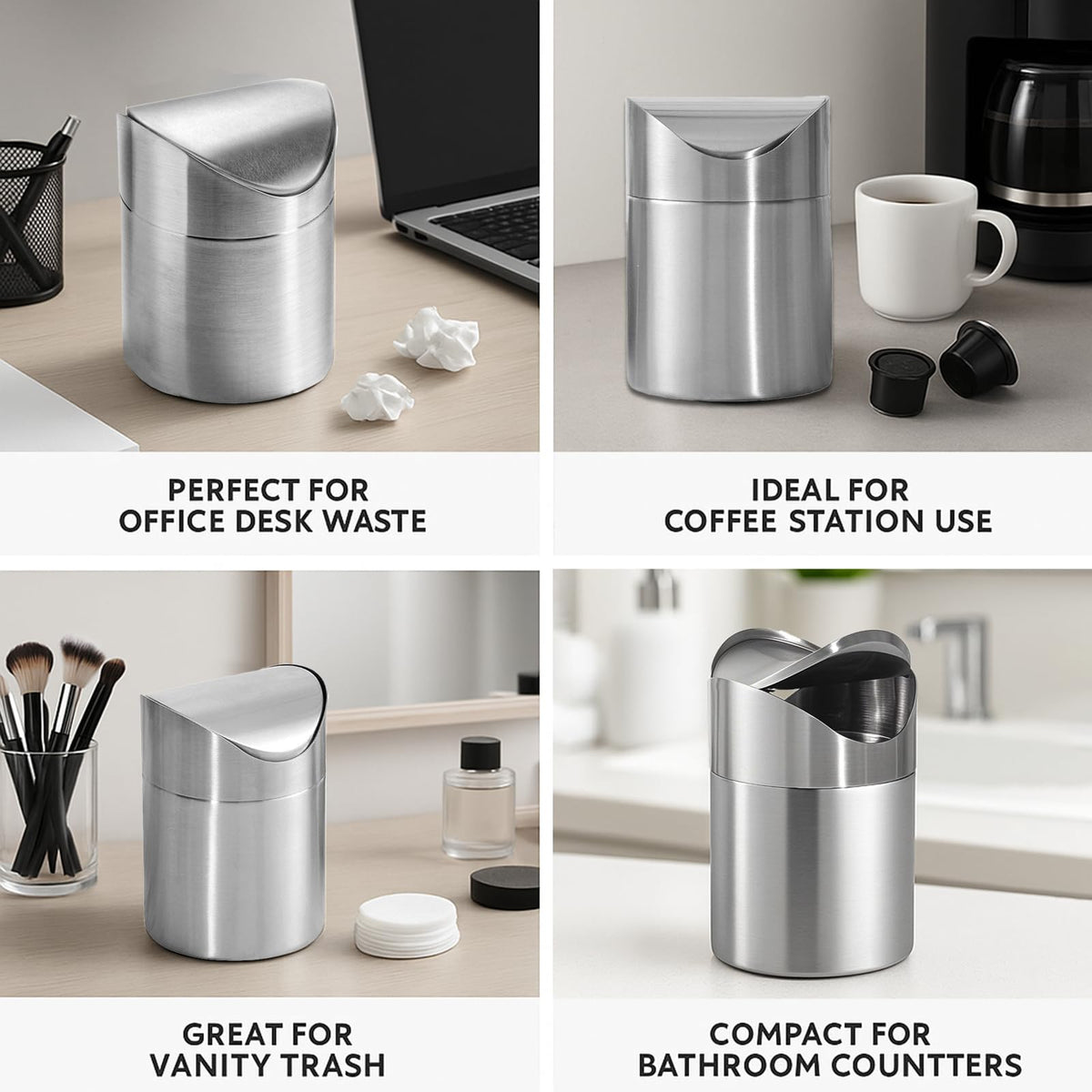 JILLICK Small Mini Trash Can with Lid, Brushed Stainless Steel Small Tiny Mini Trash Bin Can, Mini Countertop Trash Cans for Desk Office, Swing Top Trash Bin 1.5 L/0.40 Gal (Sliver)
