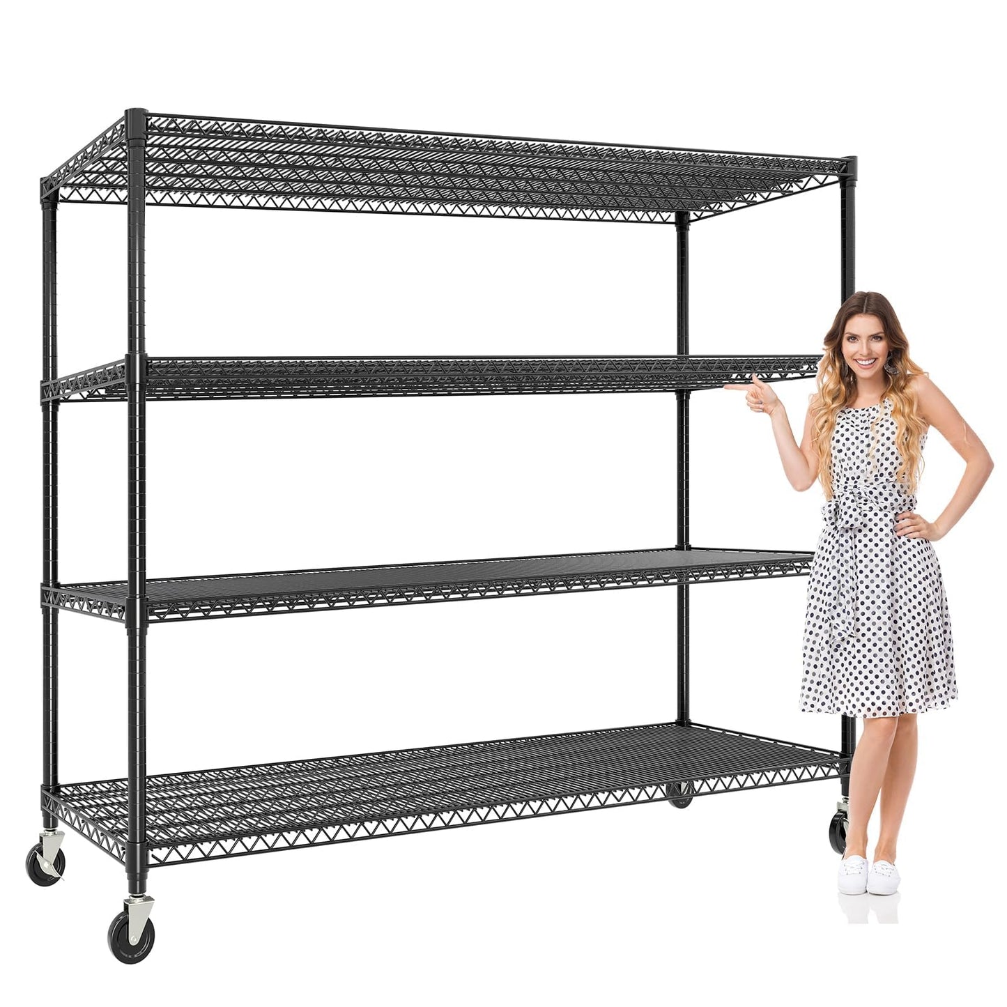 4-Tiers Storage Shelves 73" H Heavy Duty Metal Shelving with Wheels, 2640LBS Load Wire Shelving Rack Garage Shelves for Pantry Kitchen Industrial Warehouse Office, 59" W x 23.9" D