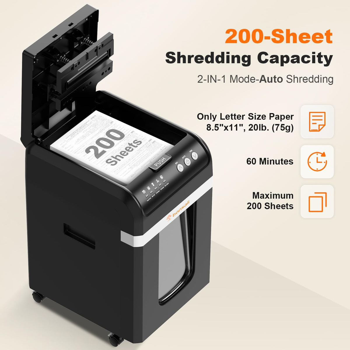 Bonsaii 200-Sheet Auto Feed Paper Shredder, 60-Min Nonstop Heavy Duty Shredders for Office, 8.1-Gal Bin, P4 High Security Micro Cut Large Commercial Paper Shredder for Business (C283-A)
