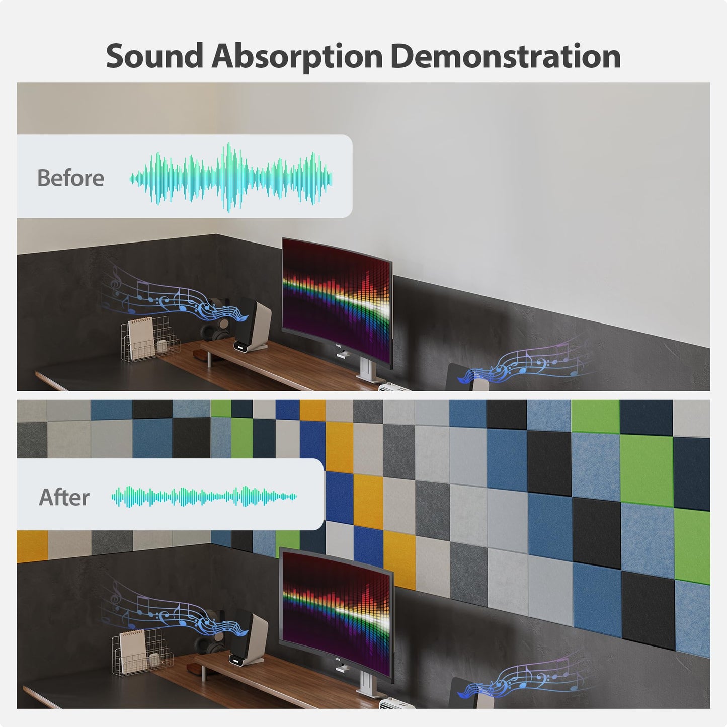 Amantech 12 Pack Acoustic Panels Self Adhesive Sound Proof Foam, High Density Sound Acoustic Panel, 12X12X0.4 Inch Square Panels in Home, Office, Reccording Room, Studio,and more(Beige)