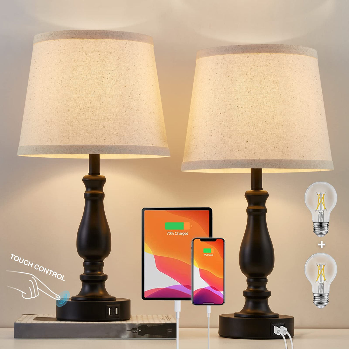 EJIAXIN Lamps for Bedroom Set of 2,Touch Bedside Table Lamp with USB C+A Ports,Dimmable Nightstand Lamps with Round Fabric Linen Lampshade for Living Room Reading Bed Side End Table,Bulbs Included