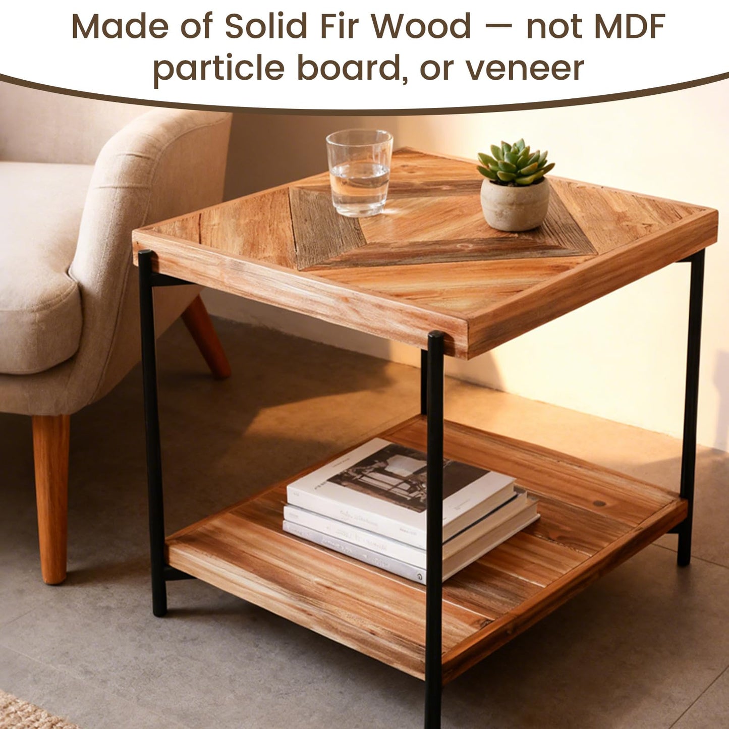 CONSDAN StoneCreek End Table 23 inch, Solid Fir Wood Side Table with Metal Frame, 2-Tier Storage Shelf, Square Nightstand for Living Room, Bedroom & Office, Rustic Style