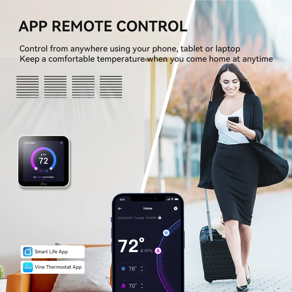 vine Smart Thermostat Larger Color Screen Thermostats for Home Heat and AC, 7 Day Programmable WiFi Thermostat App Control Compatible with Alexa and Google Assistant, C-Wire Required