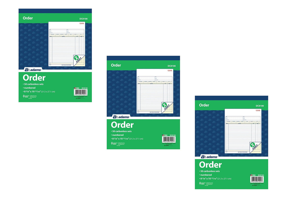 Adams Order Book, 2-Part, Carbonless, White/Canary, 8-3/8 x 10-11/16 Inches, 50 Sets per Book (DC8100), 3 Pack