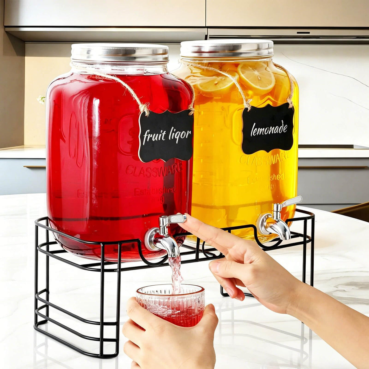 2 Gallon Drink Dispensers for Parties, 2 Pack Glass Beverage Dispenser with Stand & 18/8 Stainless Steel Spigot, Lemonade Jug for Wedding, Picnic, BBQ