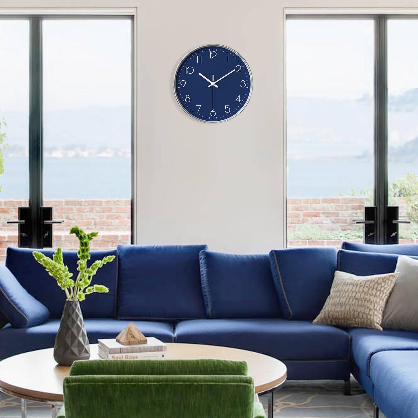 SENYURI Navy Blue Modern Wall Clock for Living Room Decor, 14 Inch Large Wall Clock Silent Battery Operated, Classic Round Analog Clock for Bedroom, Kitchen, Office, Bathroom, Outdoor Patio, Pool