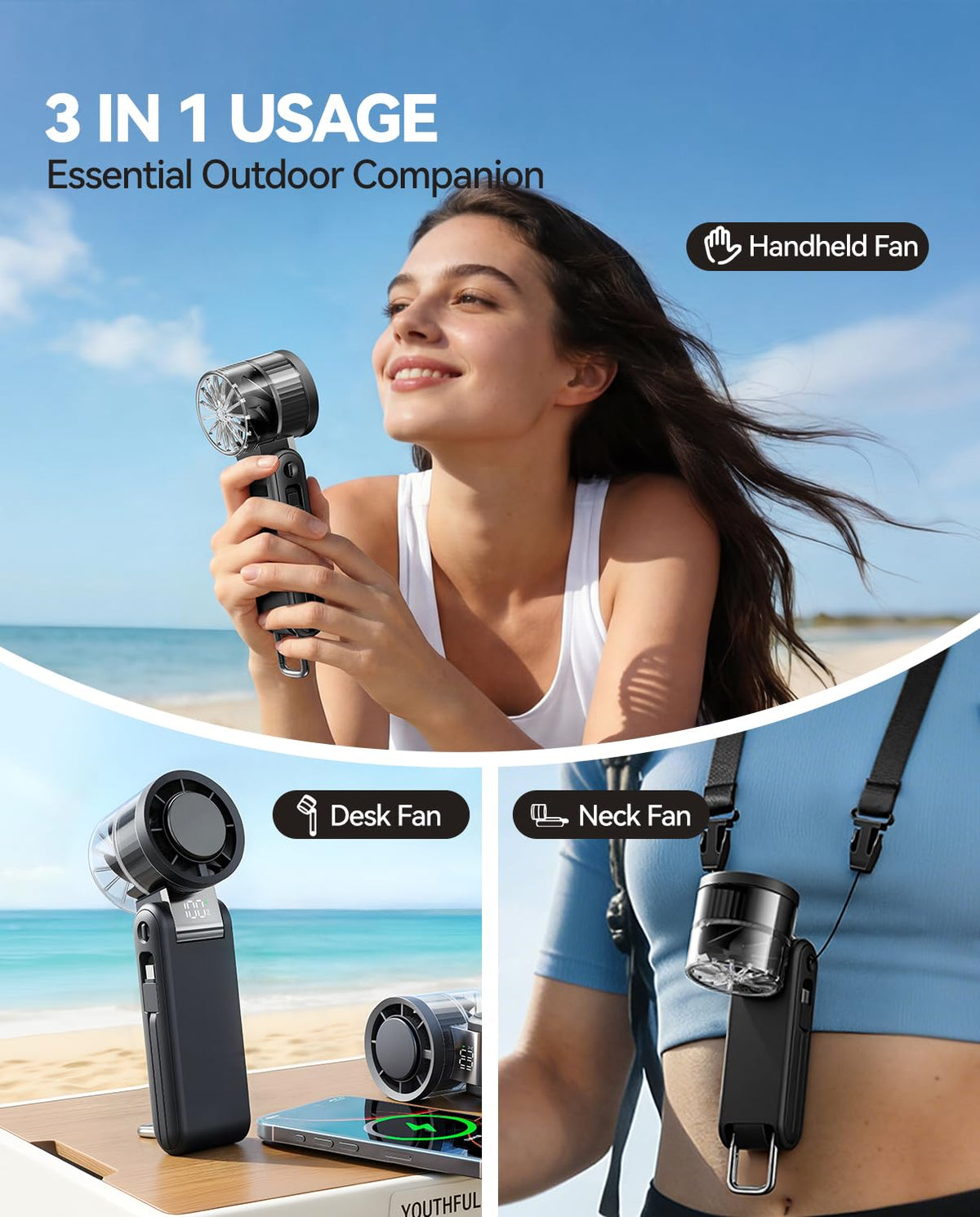 MUXNW Portable Handheld Turbo Fan: 100 Speed Levels, 4000mAh Rechargeable, 3-in-1 Foldable Mini Fan, Gift for Women & Teens, Ideal for Summer Travel, Vacation, Beach