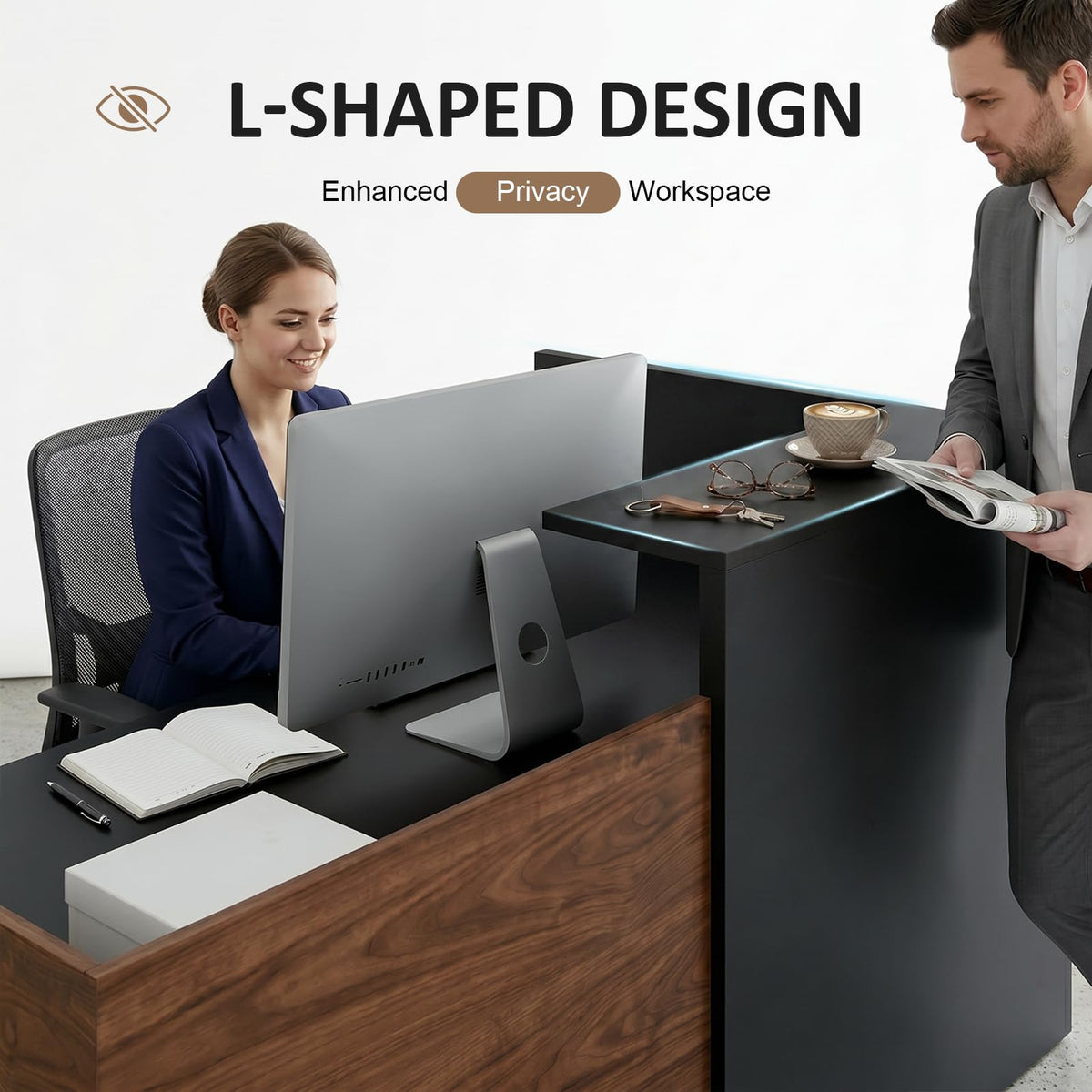 YTElantivo 63″ L-Shaped Reception Desk with Counter – Modern Office Front Desk for Salon, Clinic & Retail, Spacious Workstation, Easy Assembly, Black-Brown Receptionist Desk