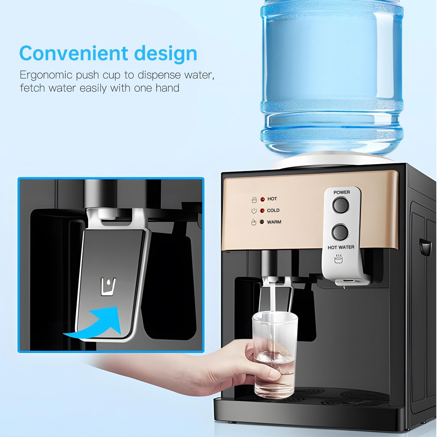 Housiwill Countertop Water Dispenser, Top Loading Water Cooler for 1.2 to 5 Gallon, 3 Temperature Settings Room Temperature Water Cold Hot Water Dispenser, Suitable for Home, Office, Dorm Bedside Use