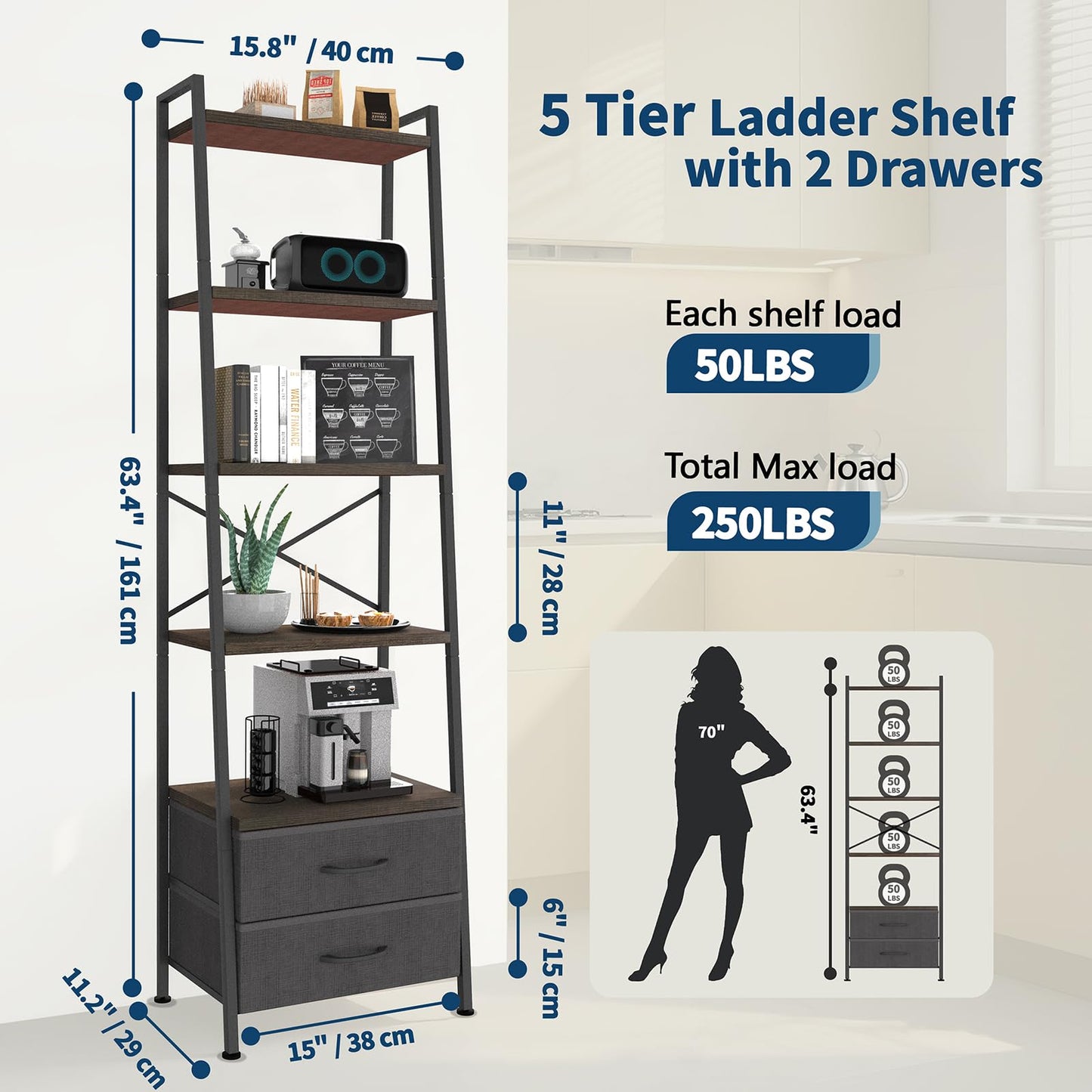 Whitmor 5-Tier Ladder Bookshelf with 2 Drawers, Narrow Modern Display Bookcase with Wood Shelves & Metal Frame, Freestanding Storage Rack for Living Room, Bedroom, Bathroom, Home Office, Black