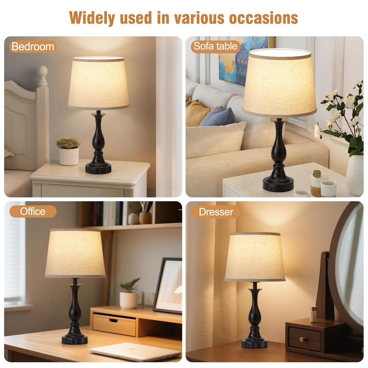 Bedside Table Lamp Touch Control Bedroom Lamps with USB A and C Charging Port 3 Way Dimmable Touch Lamps for Nightstand Living Room Bedroom Dorm Home Office Reading, Set of 2