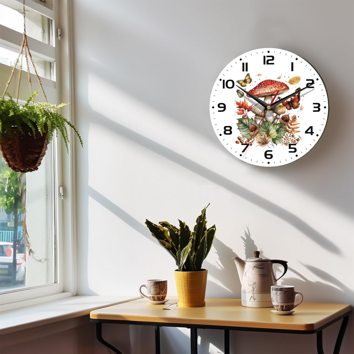 ENUIEO Wall Clock, 10 Inch Silent Non-Ticking Home Kitchen Decor, Battery Operated for Bathroom Bedroom Living Room Office(Mushroom Butterfly)