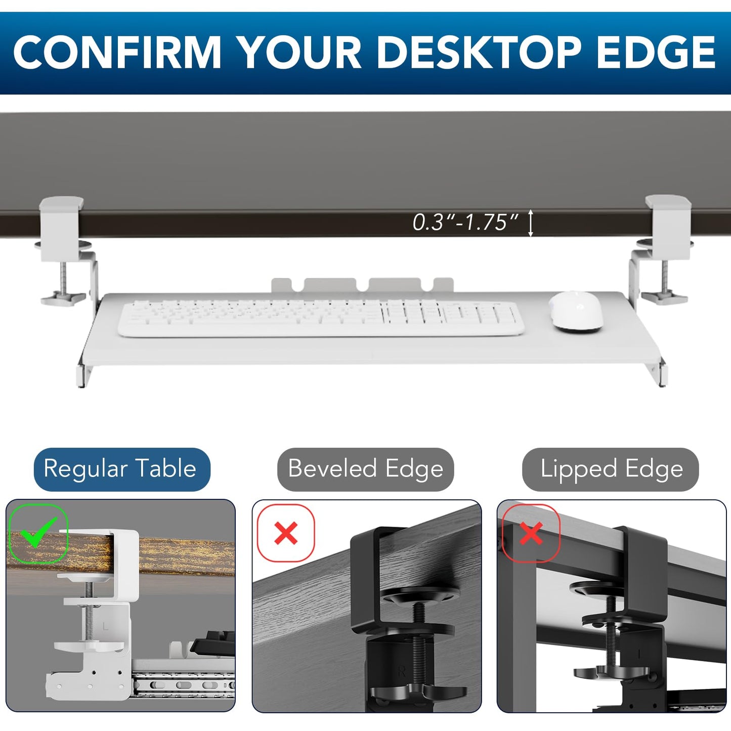 AX WABER Keyboard Tray Under Desk Pull Out with Extra Sturdy C Clamp Mount System, 27.3 (32.5 inch Including Clamps) x 11 Inch Slide-Out Platform Computer Drawer for Typing White AX01WW01