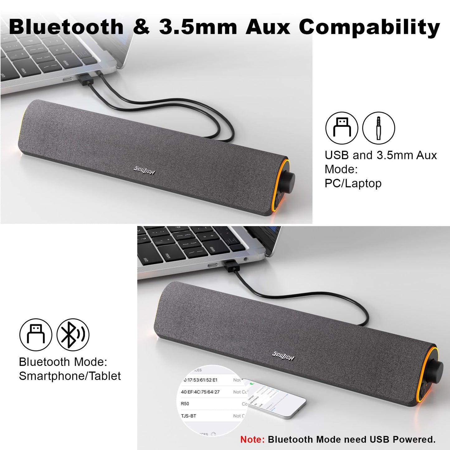 SOULION R50 Bluetooth Computer Speakers, 3.5mm PC Sound Bar for Desktop Monitor, Wired USB Powered & Colorful LED Lights with Switch Button, Surround Sound Soundbar PC Spearkers for Computer