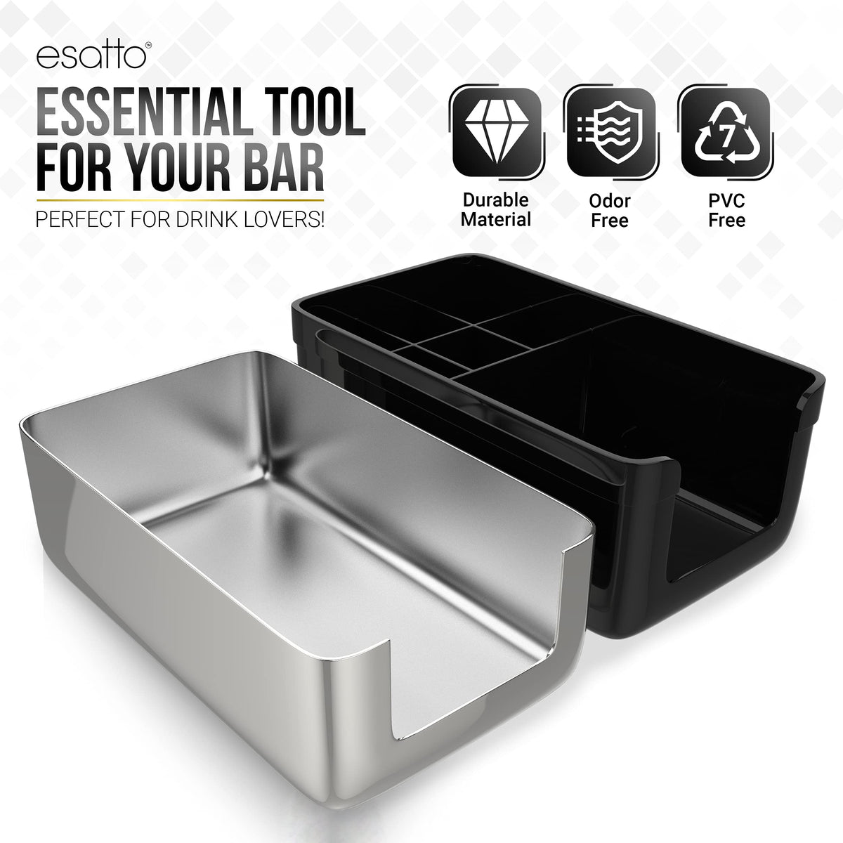 Esatto Professional Bar Products Premium Bar Caddy (Chrome), Used to Easily Organize Bar Items and Workspace, With Additional 12 Pourers For Precision Pouring and 12 Pourer Covers