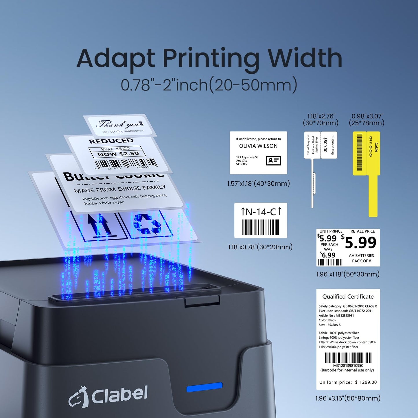 CLABEL Desk Bluetooth Barcode Label Printer: 221D Label Maker with Direct Thermal Printing, 2 Inch Print Width for Barcodes Address Office Warehouse with 1 Roll Label