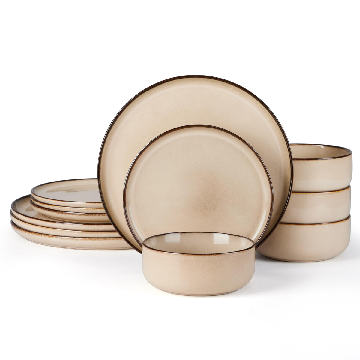 E-far 12-Piece Plates and Bowls Set, Stoneware Dinnerware Sets for 4, Reactive Glaze Ceramic Dinning Ware Dishes, Microwave & Dishwasher Safe - Sandy Beige