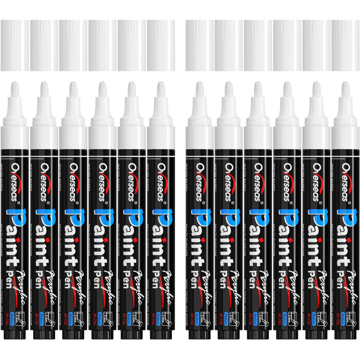Overseas White Paint Pens - Permanent Acrylic Paint Markers 12 Pack, Water-Based, Quick Dry, Waterproof Marker Pen for Rock, Wood, Plastic, Metal, Canvas, Glass, Fabric, Tire, Mugs. Medium Tip