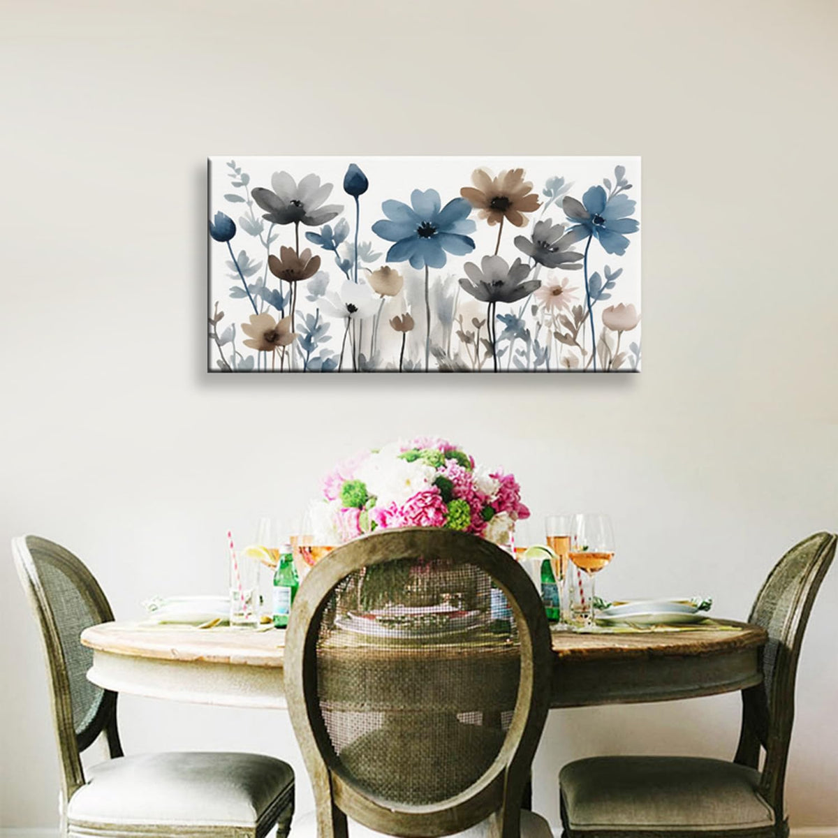 KZKU Flowers Canvas Wall Art - Floral Pictures for Wall Decor Indigo Brown Grey Canvas Prints Nature Printing Artwork for Living Room Bedroom Home Office Wall Decoration 20" x 40"