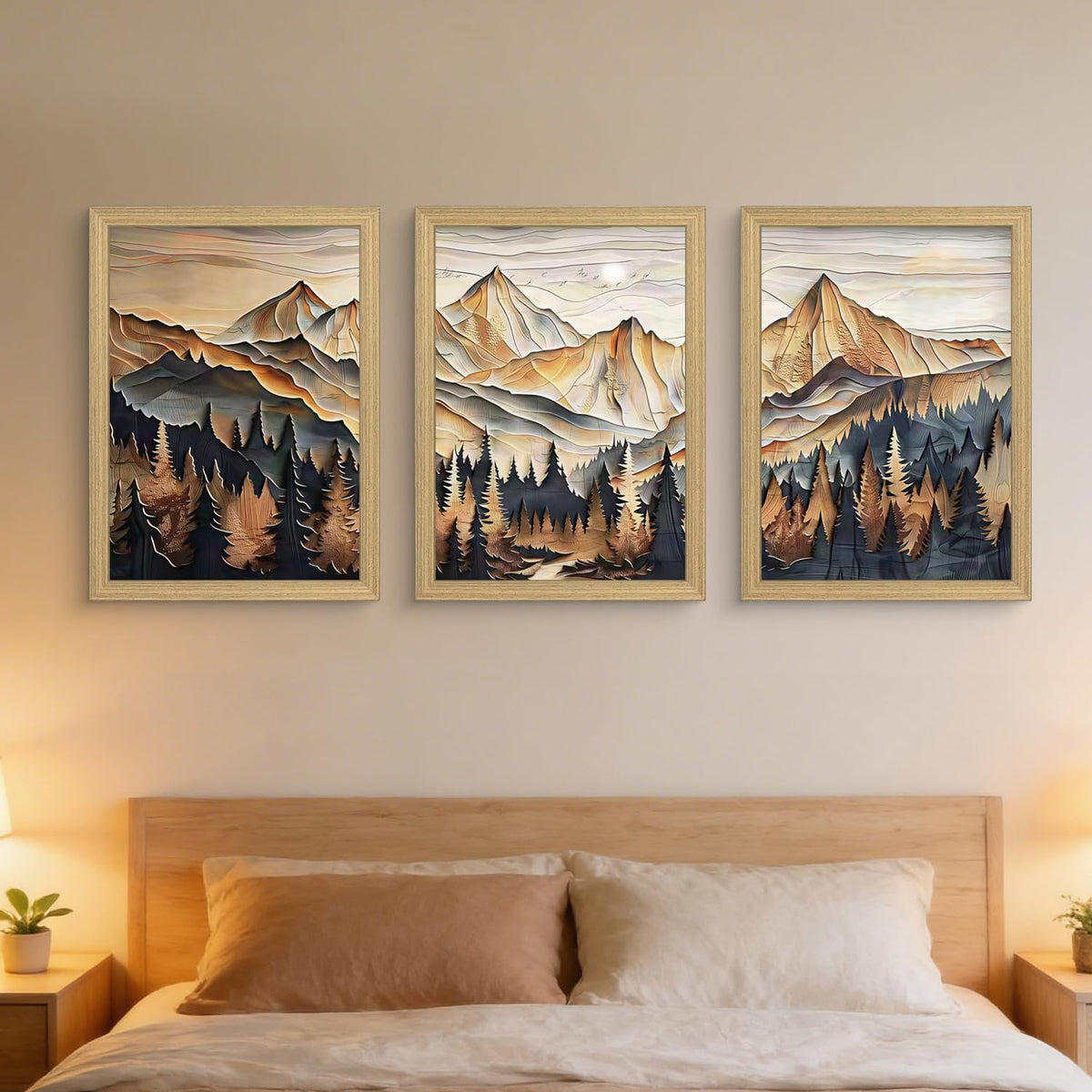 Framed 3D Texture Mountain View Canvas Wall Art Landscape Oil Painting Nature Poster Gallery Relief Technology Artwork Forest Scenery Wall Decor Painting Living Office 16x24inchX3 Ready to Hang