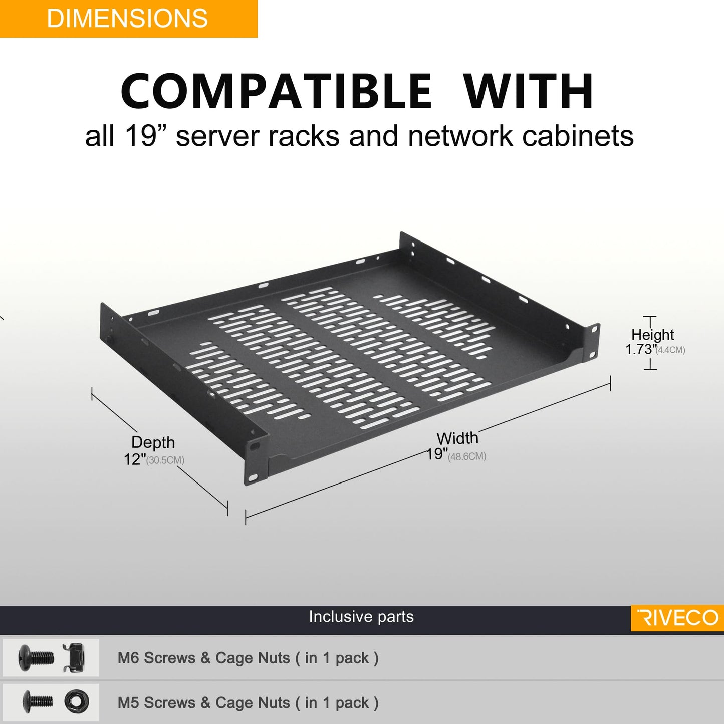 RIVECO 2 PCS 12” Rack Shelves for 19 inches Network Rack & Cabinets, 1U Rack Mount Shelf Vented Cantilever Tray, for Server, IT & Sound Equipment