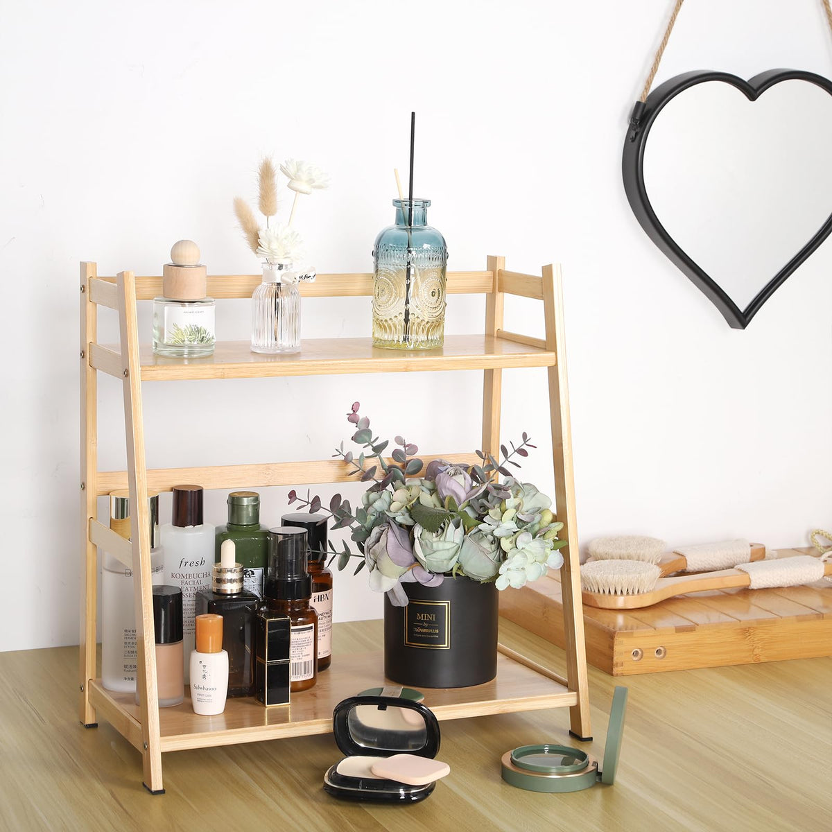 Fengzhizhu 2-Tier Ladder Desktop Bookshelf, 15.75" Wide Wooden Countertop Storage Hutch for Office, Dorm and Home, Desk Organizer for Books and Decor