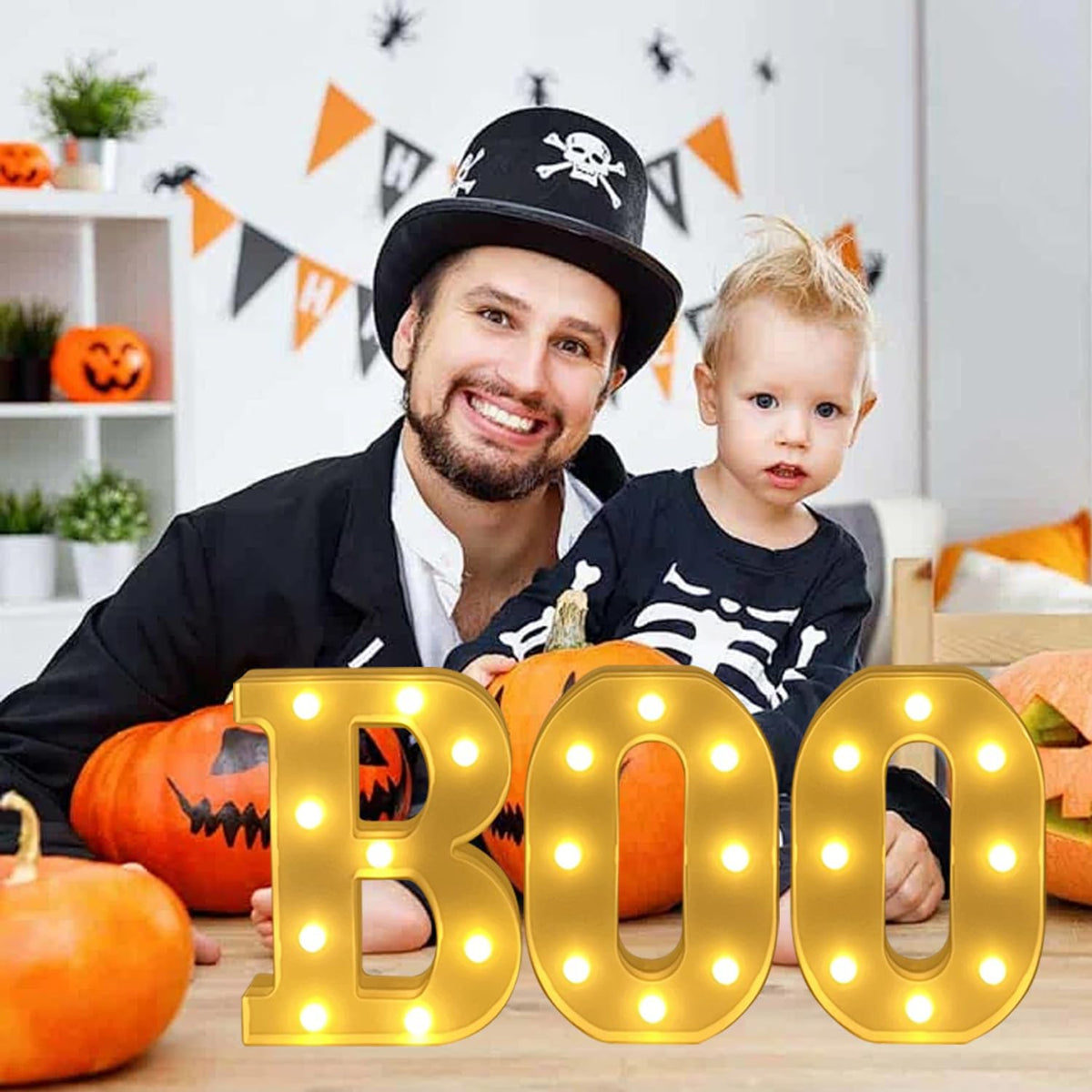 ZUOKEMY Halloween Decorative Lights - Light up Letter "BOO" Sign Halloween Outdoor Family Room Kitchen Fireplace Tabletop Party Decoration Supplies