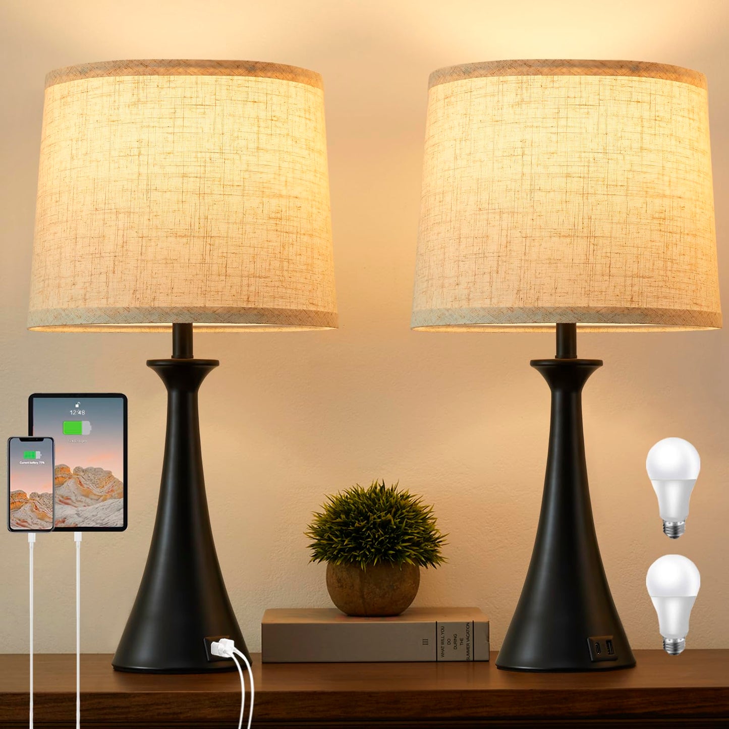 Hikczc Touch Lamp for Living Room Bedroom, 21" Table Lamps Set of 2 with USB C+A Ports, Touch Bedside Lamps for Nightstand with 3 Way Dimmable, 2 LED Bulbs Included, Black