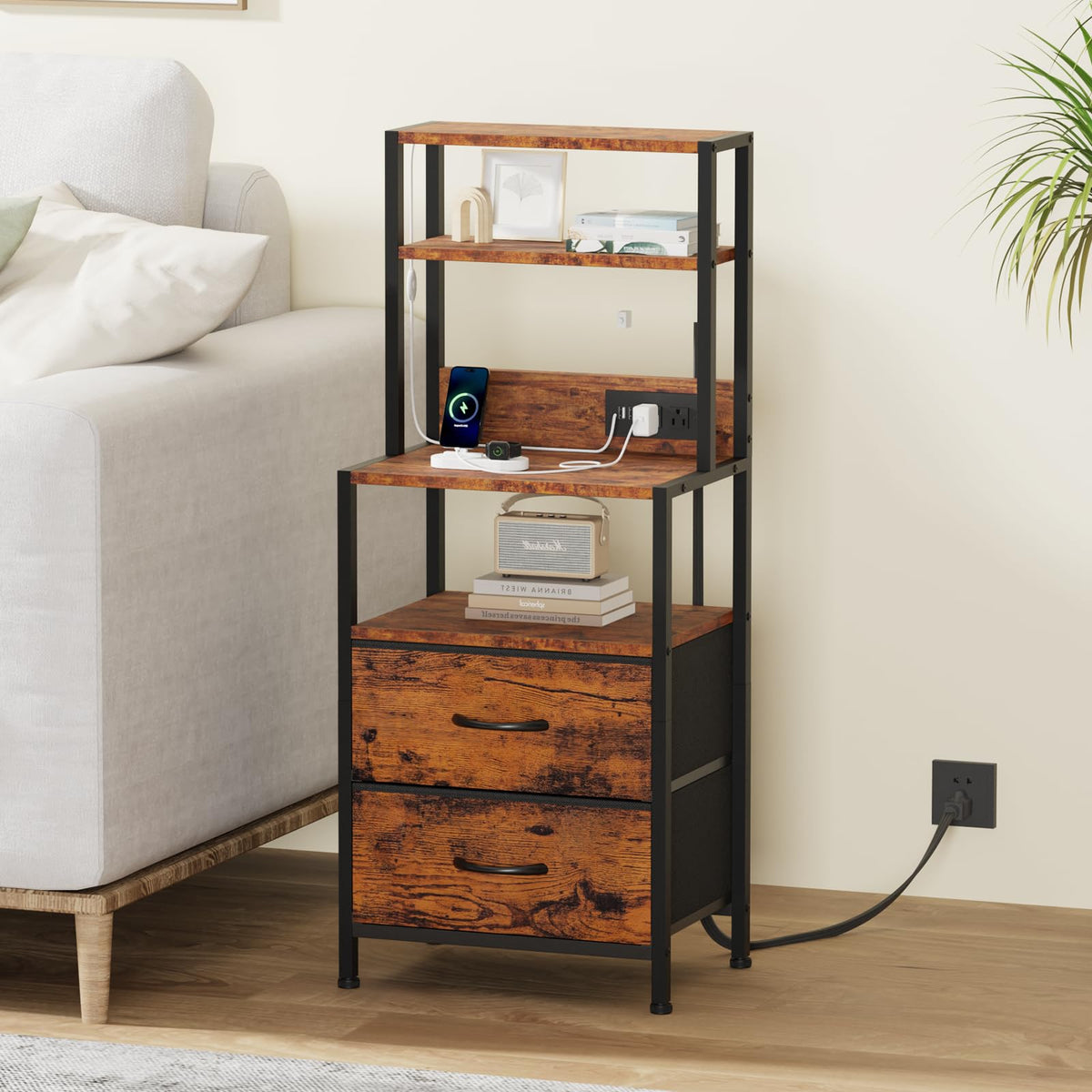 Furnulem Night Stand, Tall Nightstand with 4-Tier Shelves, 2 Fabric Drawers and LED Lights, Bed Side Tables with Charging Station, Bedside Table for Bedroom, Office, Rustic Brown