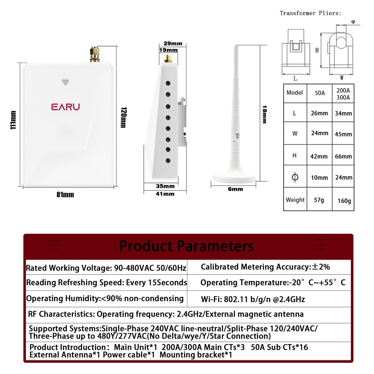 Smart Home Energy Monitor with 16 50A and 3-200A Circuit Level Sensors Real-Time Accurate Power Energy Consumption Tracking WiFi Meter SolarNet Metering2.4 GHz WiFi