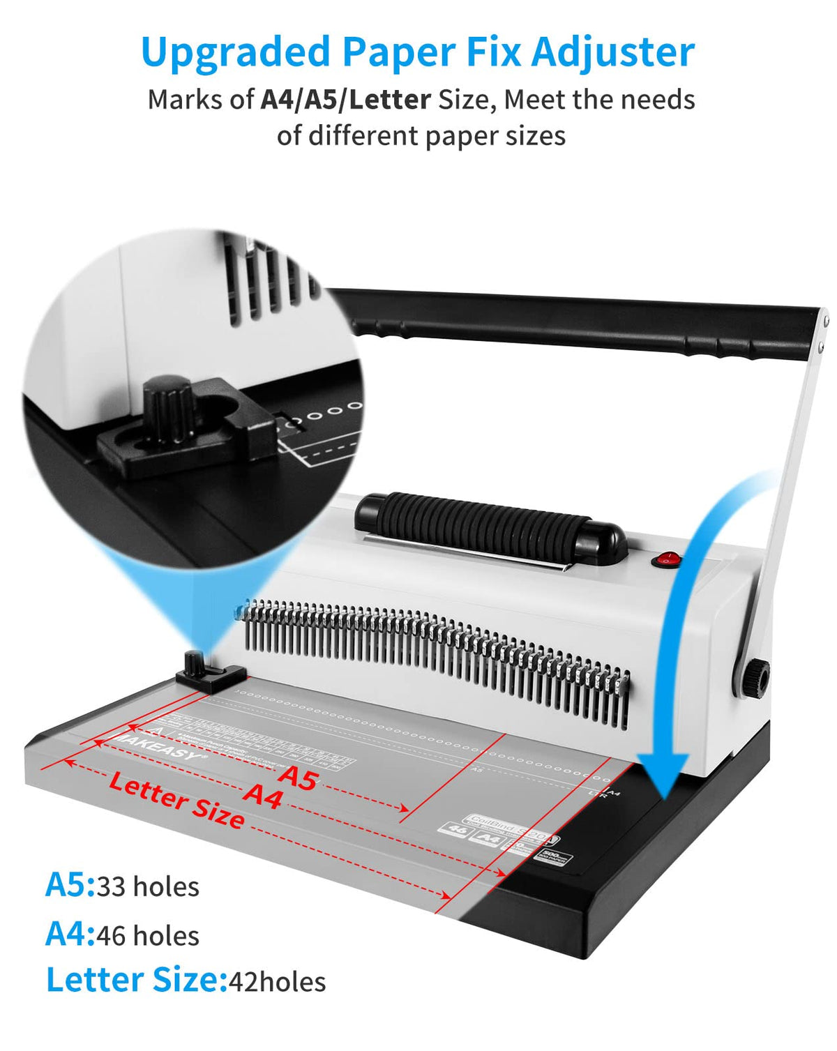 MAKEASY Spiral Coil Binding Machine with 46 Fully Disengaging Pins - 4:1 Pitch - Electric Coil Inserter - Adjustable Side Margin, Comes with Free 1 Box Coil Spines & Plier, 20 Sheet Punch Capacity