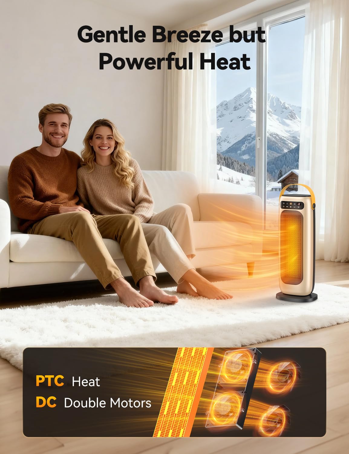 KQPZ Space Heater, 1500W PTC Ceramic Electric Heaters for Indoor Use with Remote, 4 Levels Room Heater with LED Touch Display, 110° Oscillation,10H Timer,Fast & Safe Portable Heater for Bedroom Office
