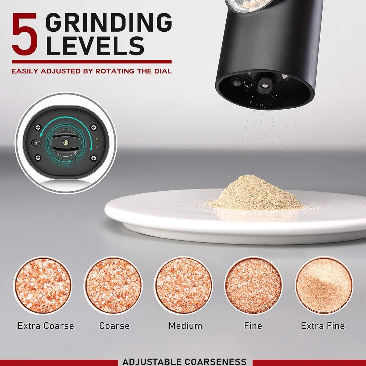 Electric Salt and Pepper Grinder Set with Dual Rechargeable Base, Automatic Salt and Pepper Shakers with LED Light, One-Handed Operation Adjustable Coarseness Pepper Mill, Gifts for Mom