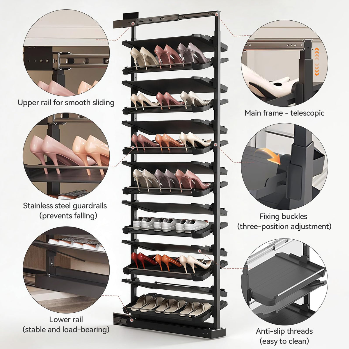4-15 Tier Cabinet Pull Out Shoe Rack, Adjustable Vertical Shoe Organizer for Closet and Wardrobe Cabinet, Heavy Duty Slide Out Shoe Storage System, Under Stairs Storage, Fits Depth 17.7"-34.3"