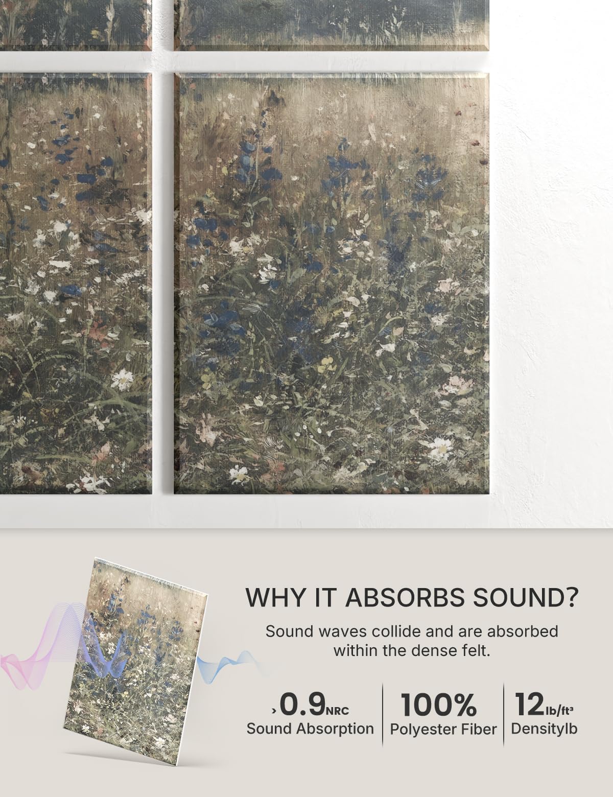 Wall Art Acoustic Panels,35''X24''Sound Absorbing Panels-8-Pack with 50 Adhesive Tabs, Decorative Sound Absorbing Panels for Living Room and Recording Studio, Offices-Champ Fleuri