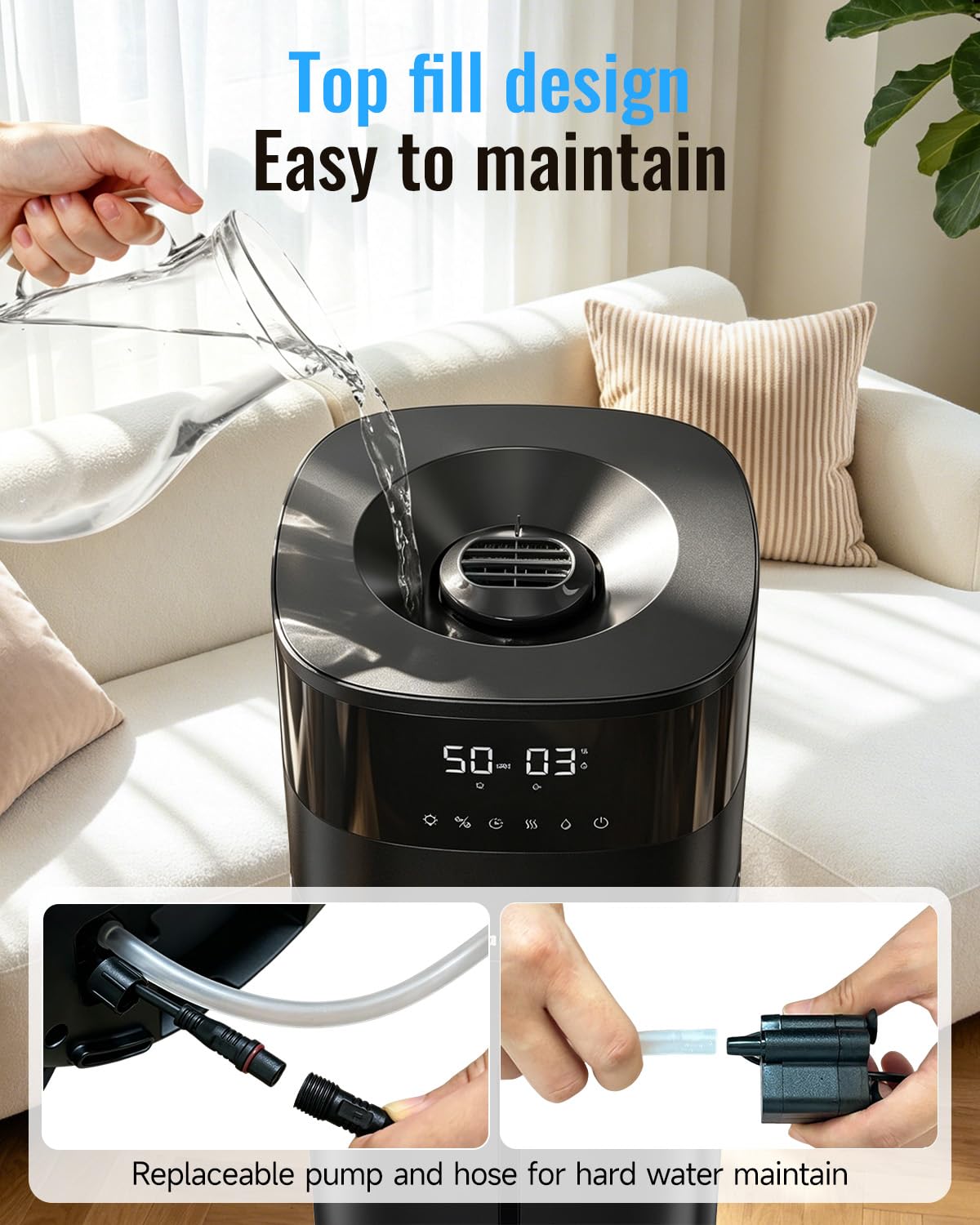 Lacidoll Humidifier Large Room, 5.3Gal/20L Humidifiers for Home 2500 sq ft, Cool Mist Whole House Humidifiers with Diffuser Extended Tube, Top Fill Air Humidifier for Bedroom Nursery Baby Plants Black