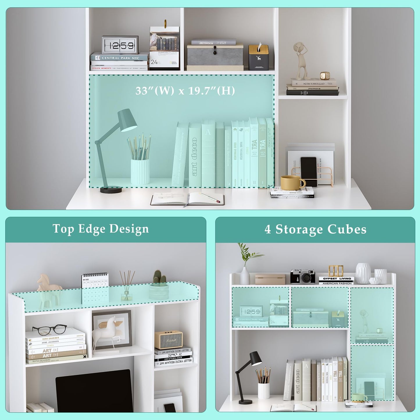 OSCHF Wooden Desktop Hutch Bookshelf - Free Standing Desk Storage Shelf with Top Edge for Computer Desk, Desktop Bookcase for Dorm, Home or Office, Countertop Organizer, White, 45.3"