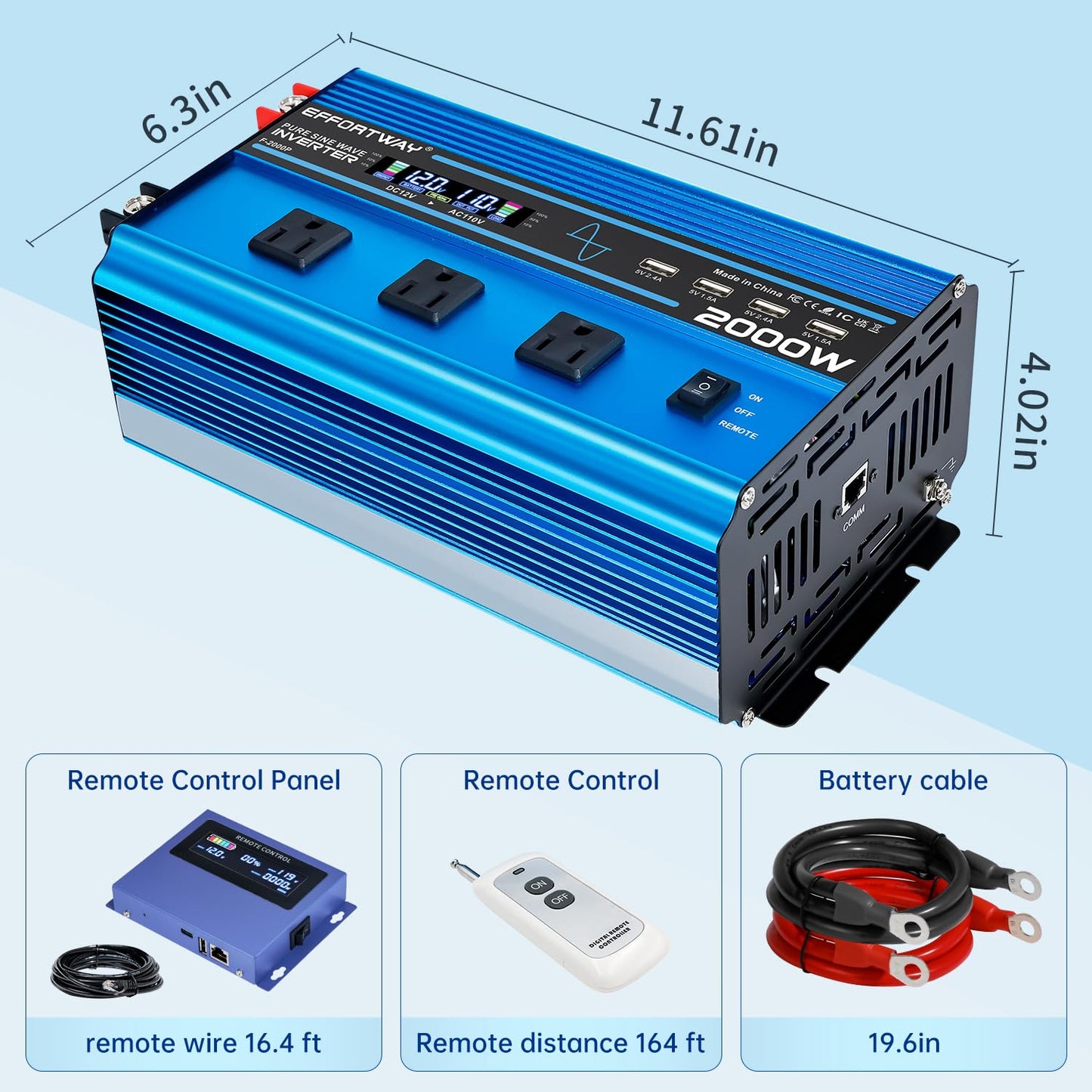 2000W Pure sine Wave Inverter 4000W (Peak) DC 12V to AC 110V/120V Converter with LCD Display Wireless/Wired Remote Control 3AC Outlets and 4USB for Camping RV Travel Off-Grid Solar Systems
