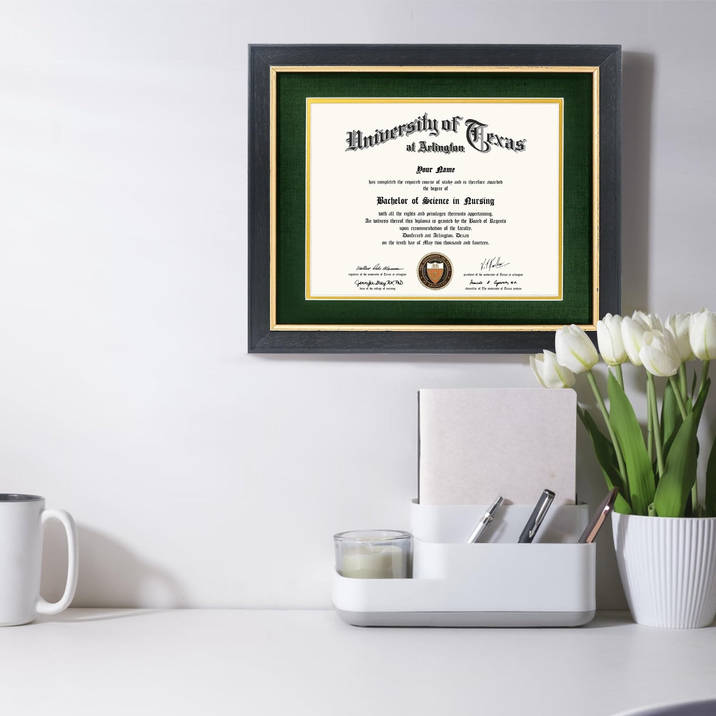 GMFrames 8.5x11 Wood Diploma Frame with Green Mat or Display 11x14 Certificates without Mat,Tempered Glass,Rustic Black Finish with Gold Trim
