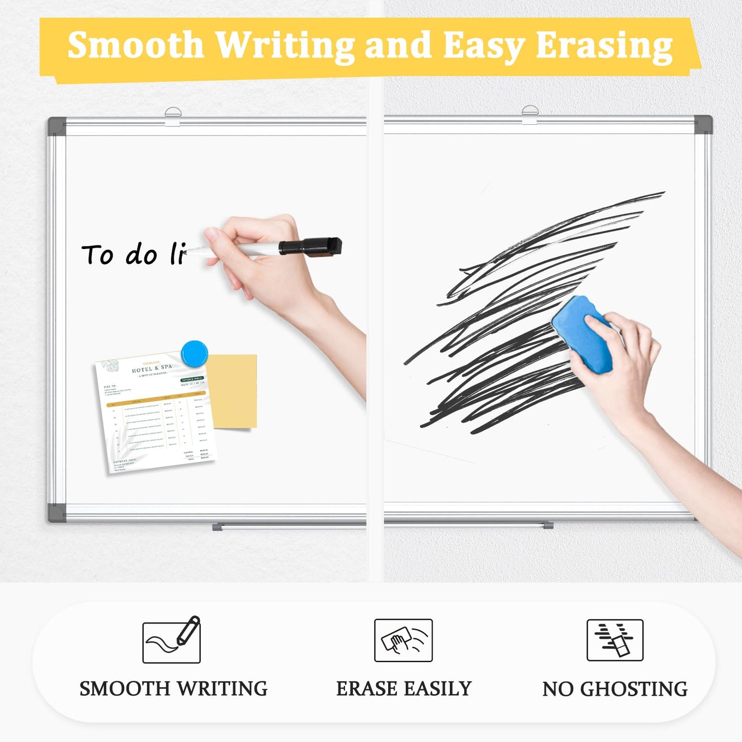 AMUSIGHT Double-Sided Magnetic Whiteboard, 24" x 18" Dry Erase Board Aluminum Frame for Wall, White Board Marker Board for Kitchen, Memo, School, Home, Office