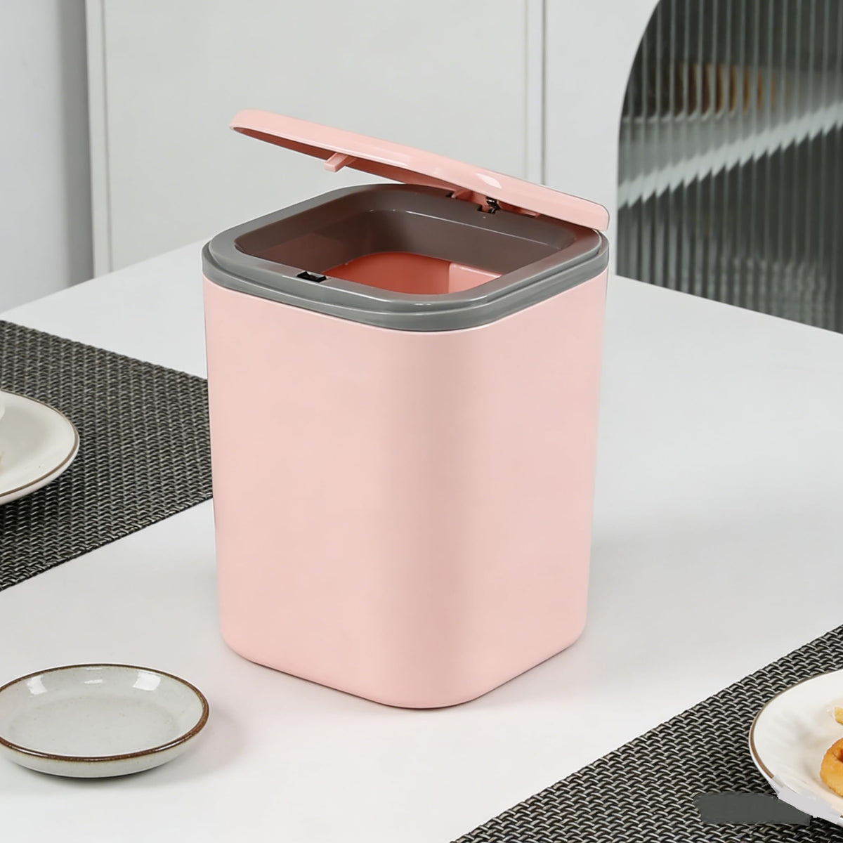 Yesdate Mini Desk Trash Can Press Type Lid, 2 L/0.5 Gallon Tiny Countertop Waste Basket, Plastic Covered Garbage Bin for Desk Top, Pink