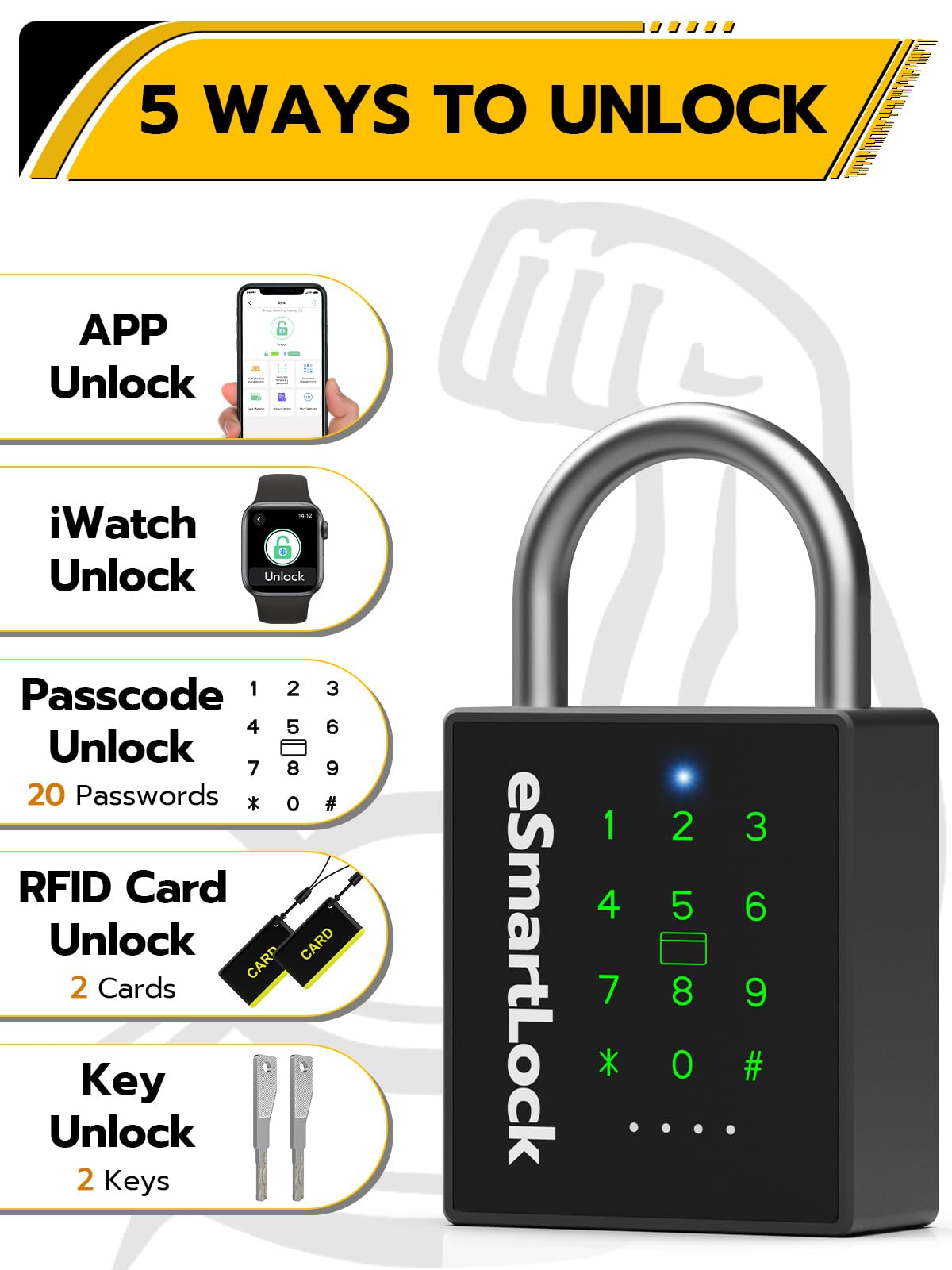 Pothunder Heavy Duty Smart Padlock, Gate Lock Padlock with Key Code and RFID, Outdoor Weatherproof Biometric Digital Lock for Gate, Sheds, Fence, Garage, Locker, Storage Unit