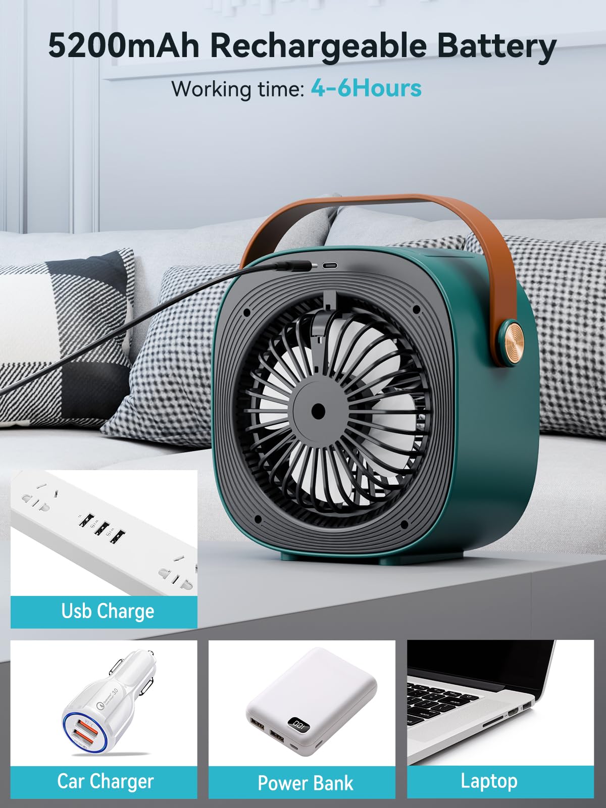Portable Air Conditioner -5200mAh Rechargeable Personal Air Cooler, Green Mini Air Conditioner with 3 Speeds, Quiet Desk Cooling Fan for Home, Bedroom, Travel, Office, Outdoor, Indoor
