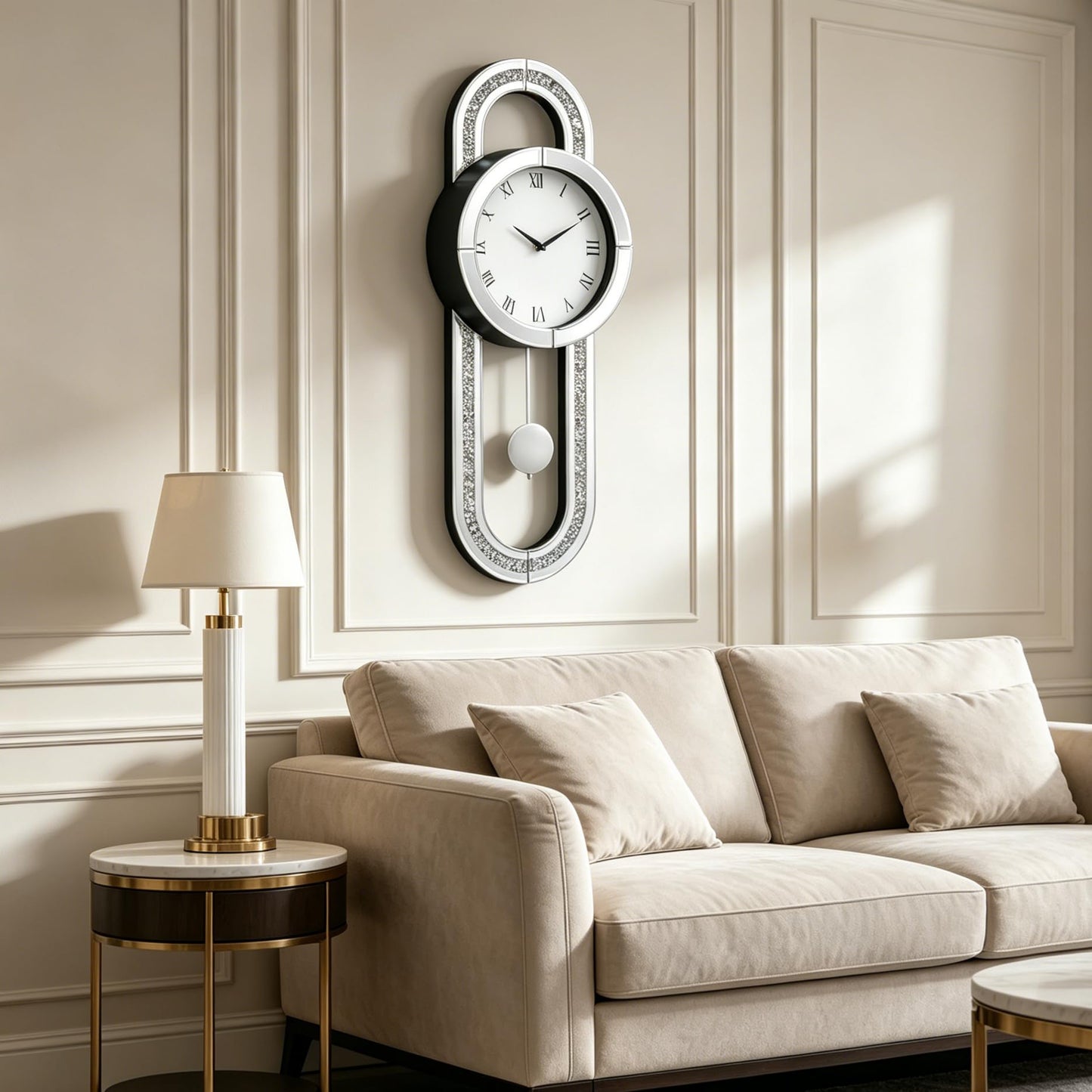 SHYFOY Decorative Wall Clock 31.5" Mirrored Pendulum Clock Silent Quality Quartz Luxury Large Wall Clocks with Crushed Diamond and Silver Glass for Living Room Home Decor & Gift