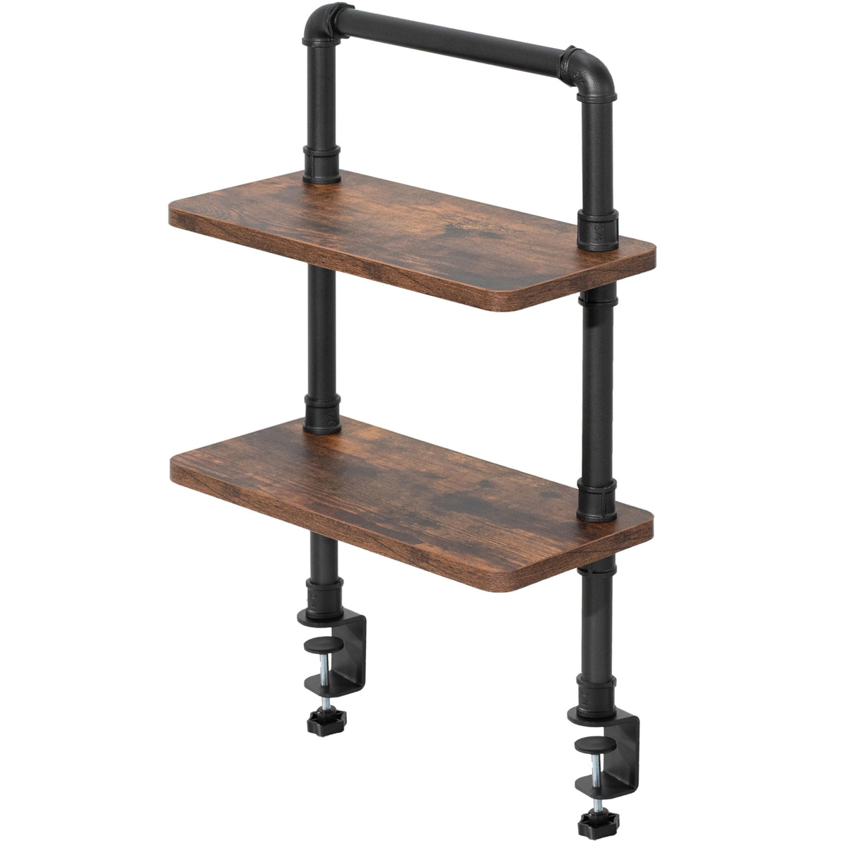 VIVO Clamp-on Premium 16 inch Industrial Pipe 2-Tier Tabletop Shelving, Heavy Duty Desk Extension Organizer, Modern Desktop Display Shelf, Rustic Vintage Brown Shelves, DESK-SHELF16-2N