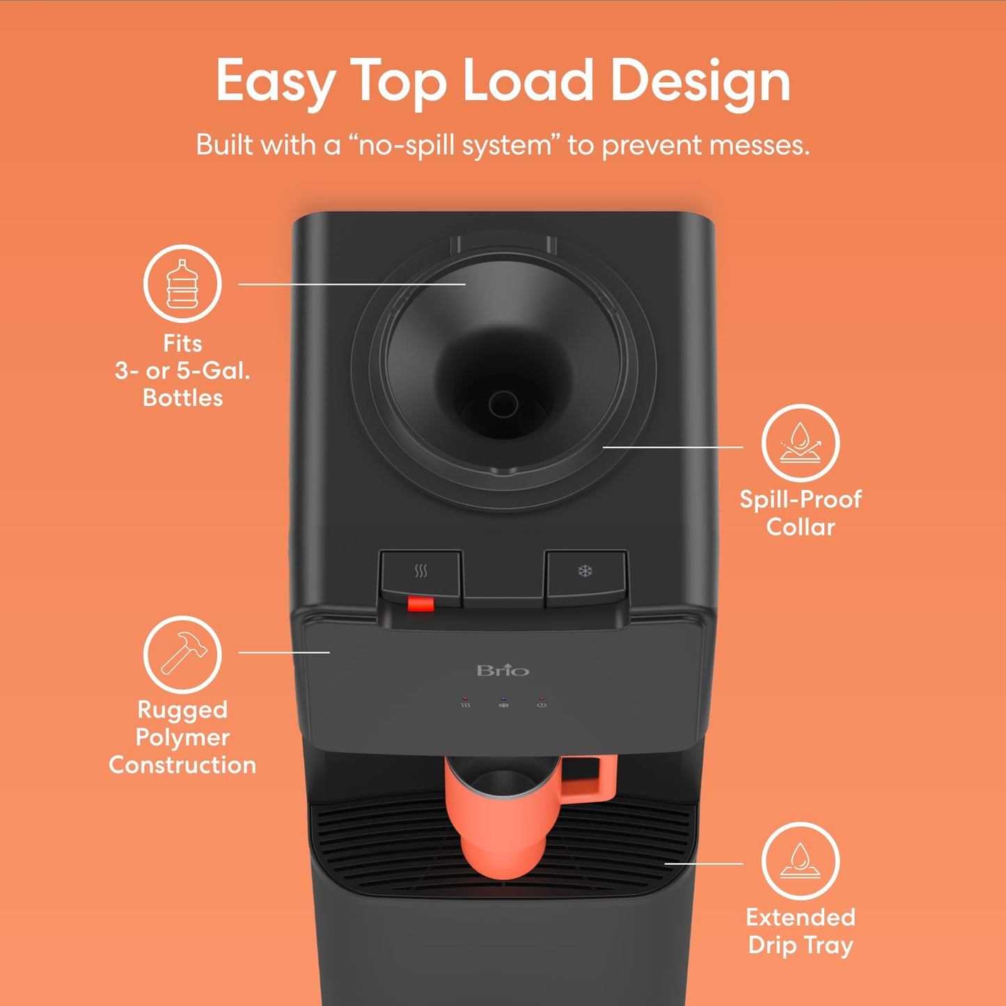 Brio 130 Series Top-Load Water Cooler Dispenser for 3- and 5-Gallon Bottles, Hot & Cold, Spill-Free Loading, Child Safety Lock, Energy Star 3.0, Black