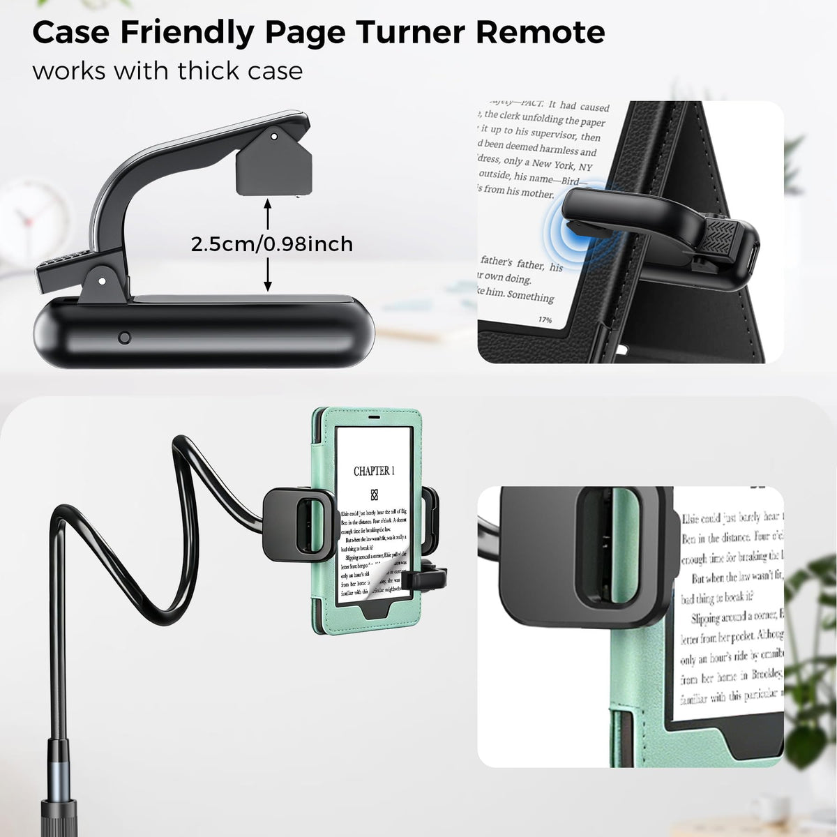 [Case-Friendly] Long Tablet Stand for Kindle with Page Turner Ring Remote, Gooseneck Holder for Reading in Bed with Clicker, eReader Accessories Gift for Readers Compatible with iPad iPhone Fire HD